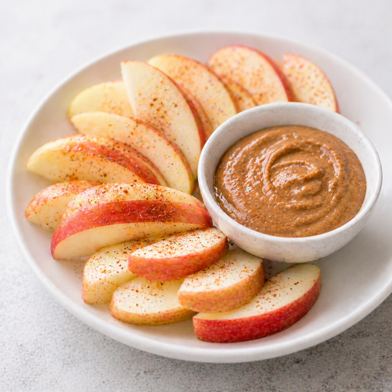 Apple slices arranged around a bowl of almond butter