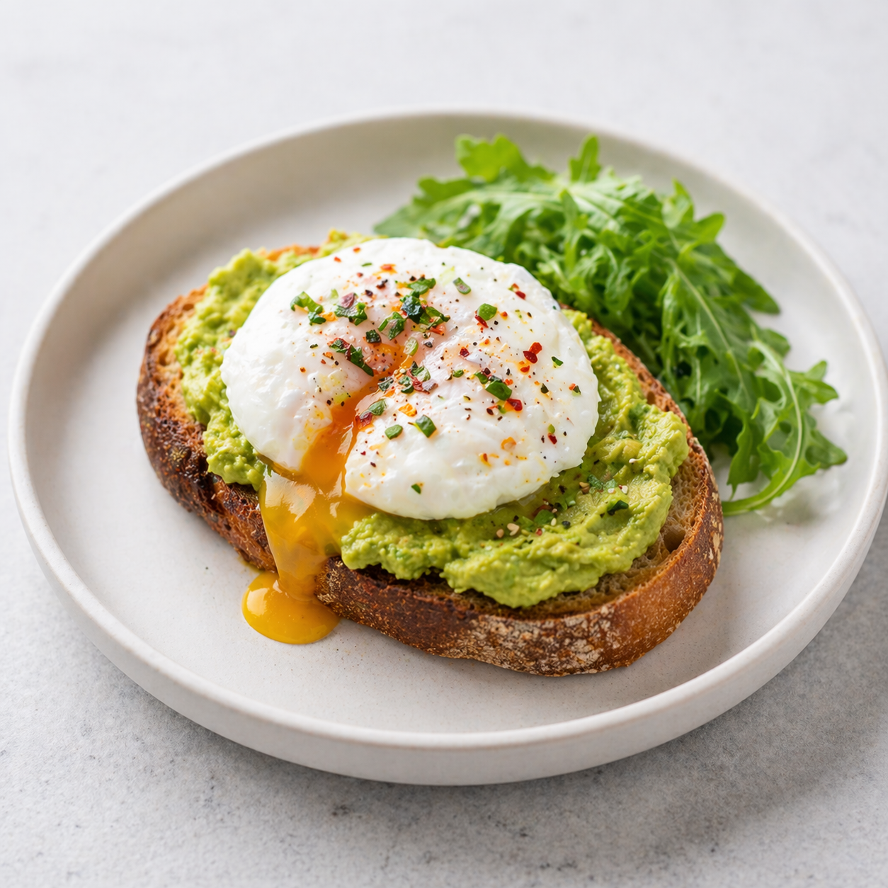 Avocado toast with a poached egg and greens