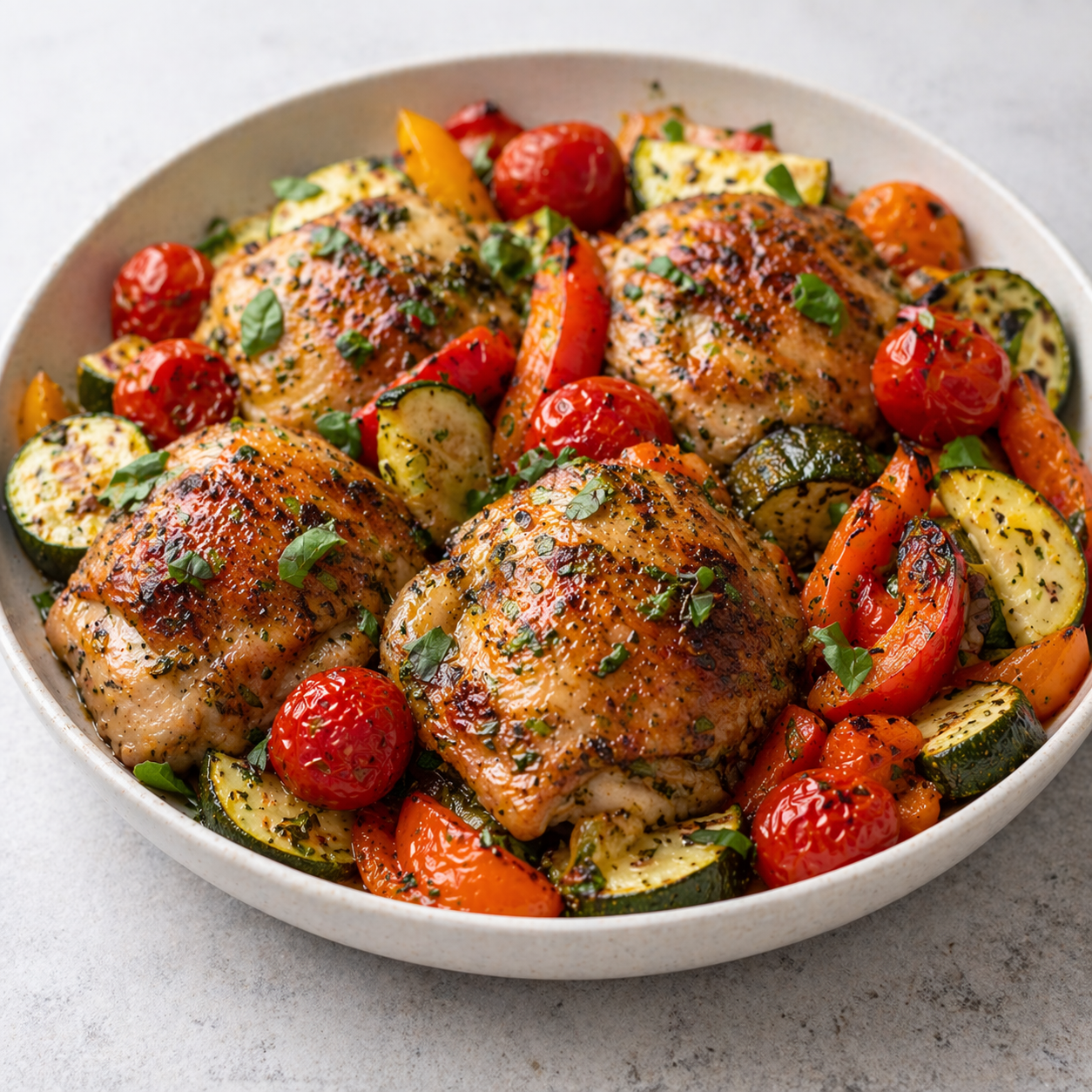 Baked chicken thighs with roasted zucchini, tomatoes, and bell pepper