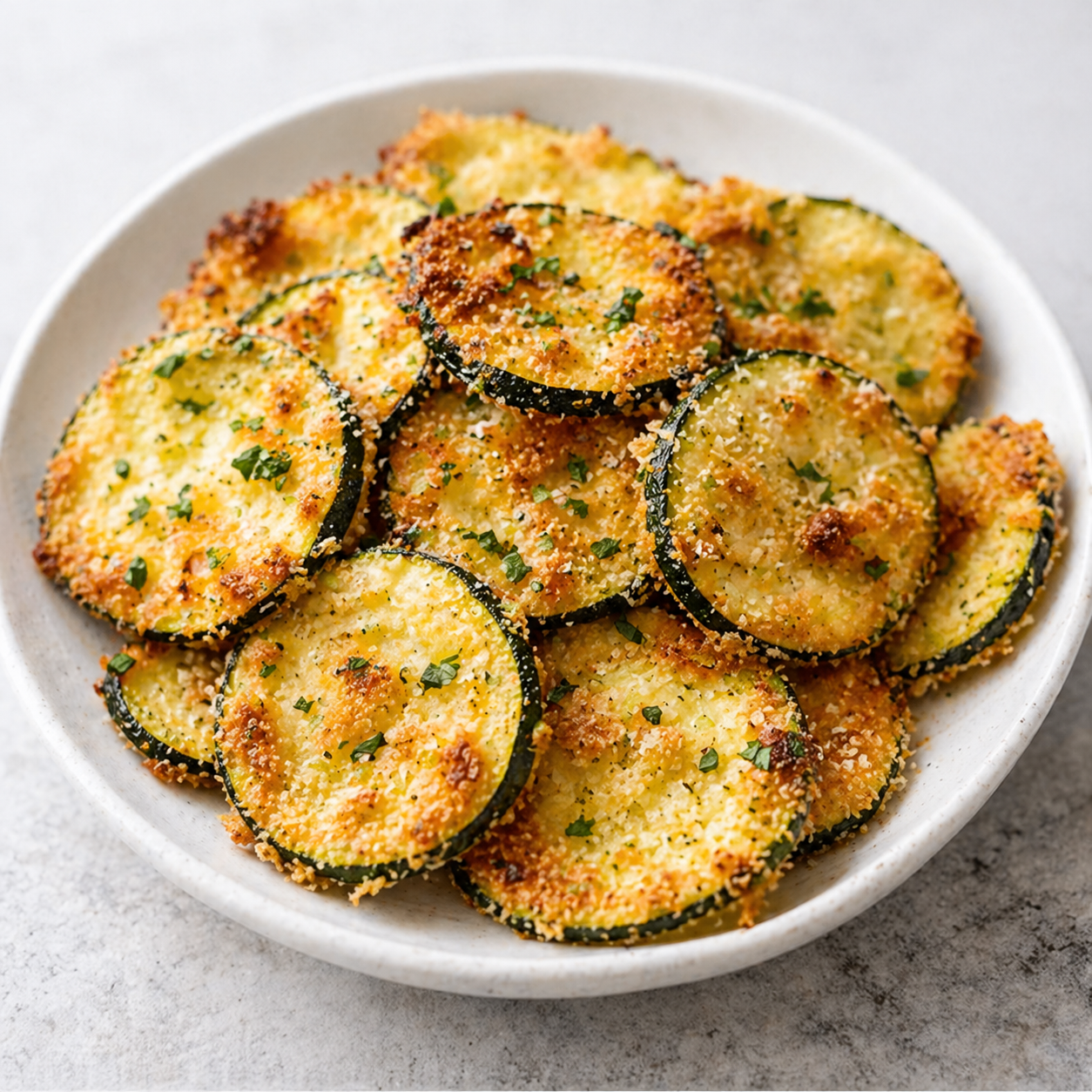 Baked zucchini chips coated with parmesan and herbs