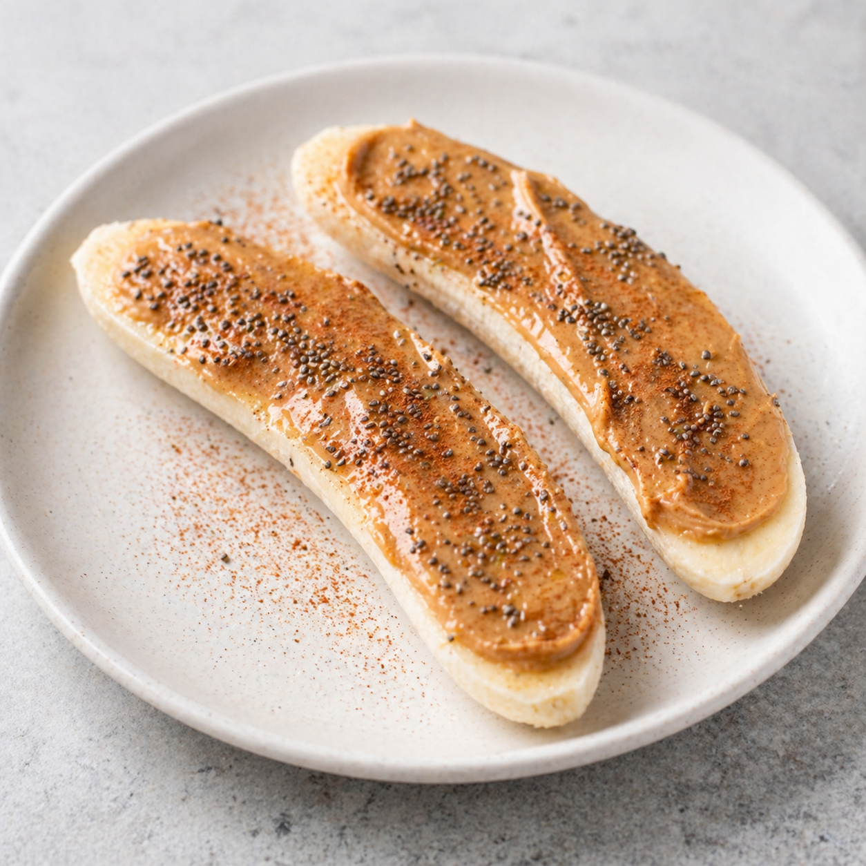 Banana halves topped with peanut butter, chia seeds, and cinnamon