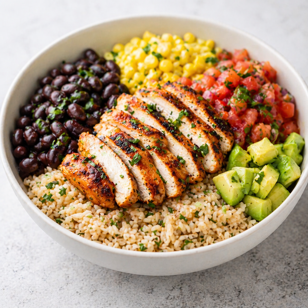 Black bean and chicken burrito bowl with rice, corn, salsa, and avocado