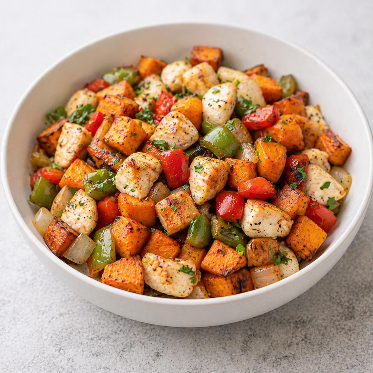 Chicken and sweet potato breakfast hash with peppers and onion