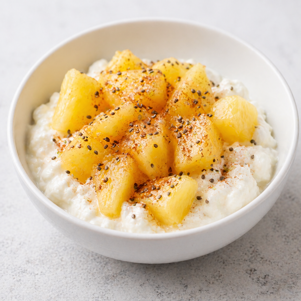 Cottage cheese topped with pineapple chunks, cinnamon, and chia seeds