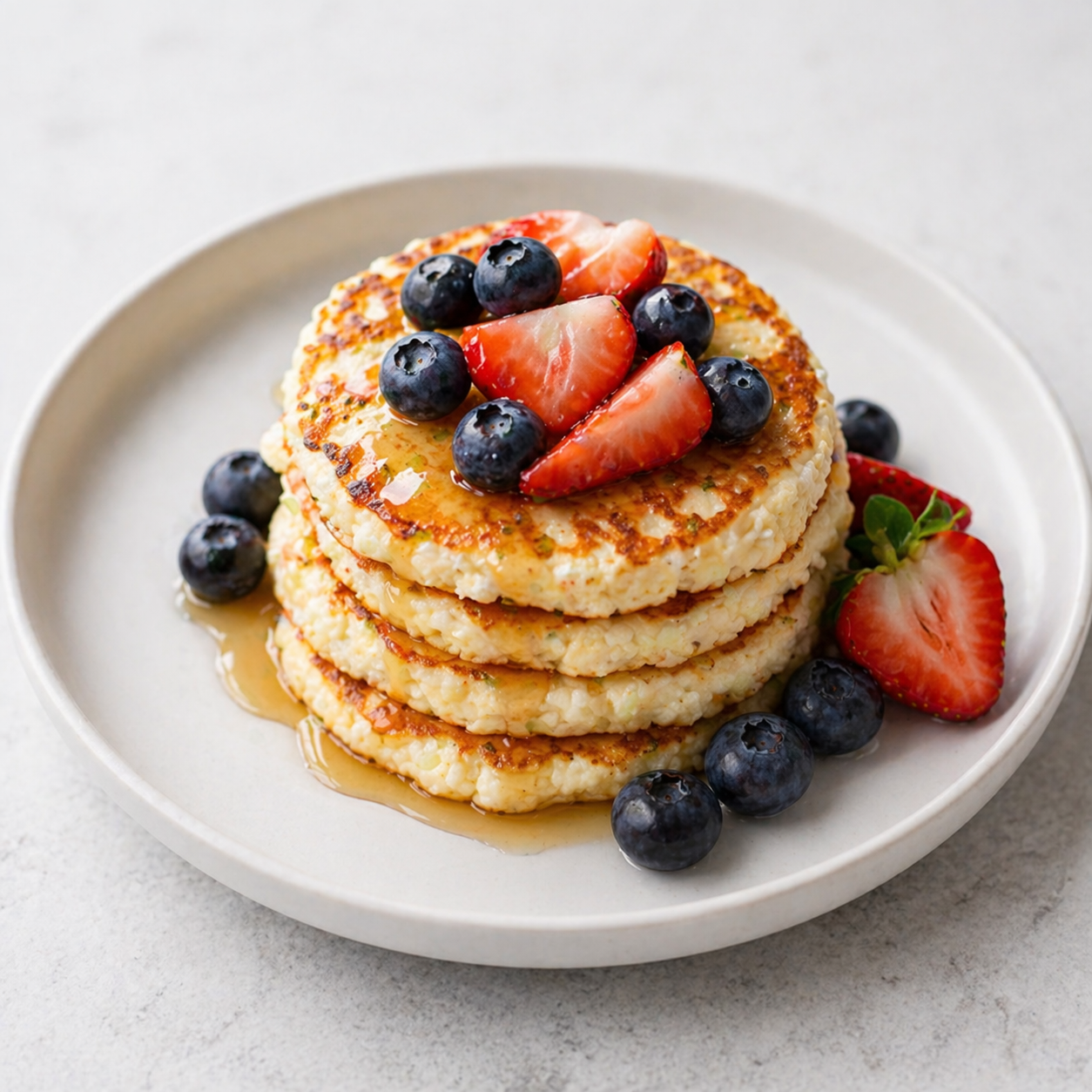Cottage cheese pancakes with fresh berries and maple syrup