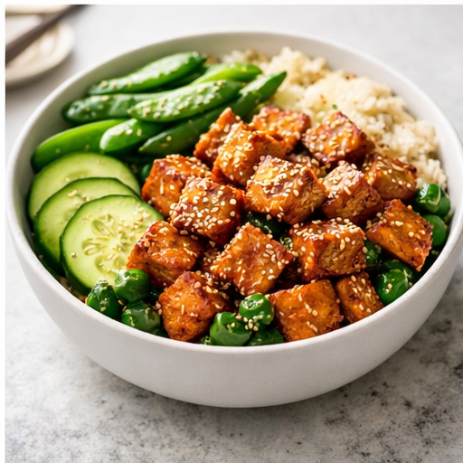 Crispy tofu sesame bowl with rice, cucumber, and snap peas