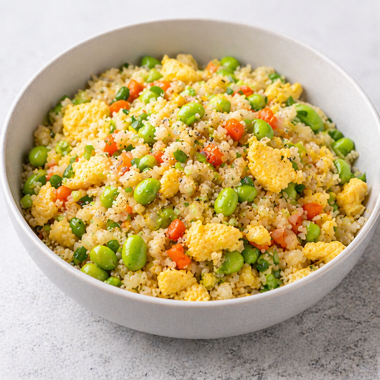 Egg fried cauliflower rice with edamame and vegetables