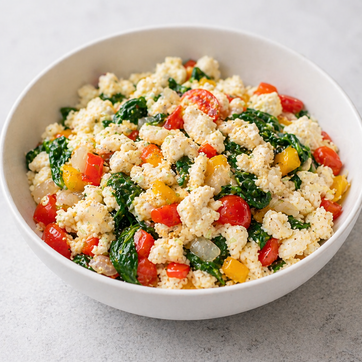 Egg white and veggie scramble with bell pepper, spinach, and feta