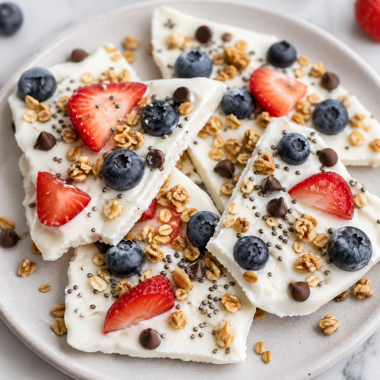 Frozen yogurt bark topped with strawberries, blueberries, granola, chia seeds, and chocolate chips