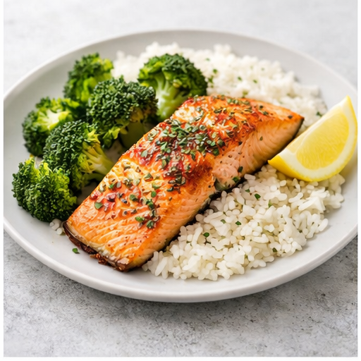 Salmon and broccoli rice bowl with lemon