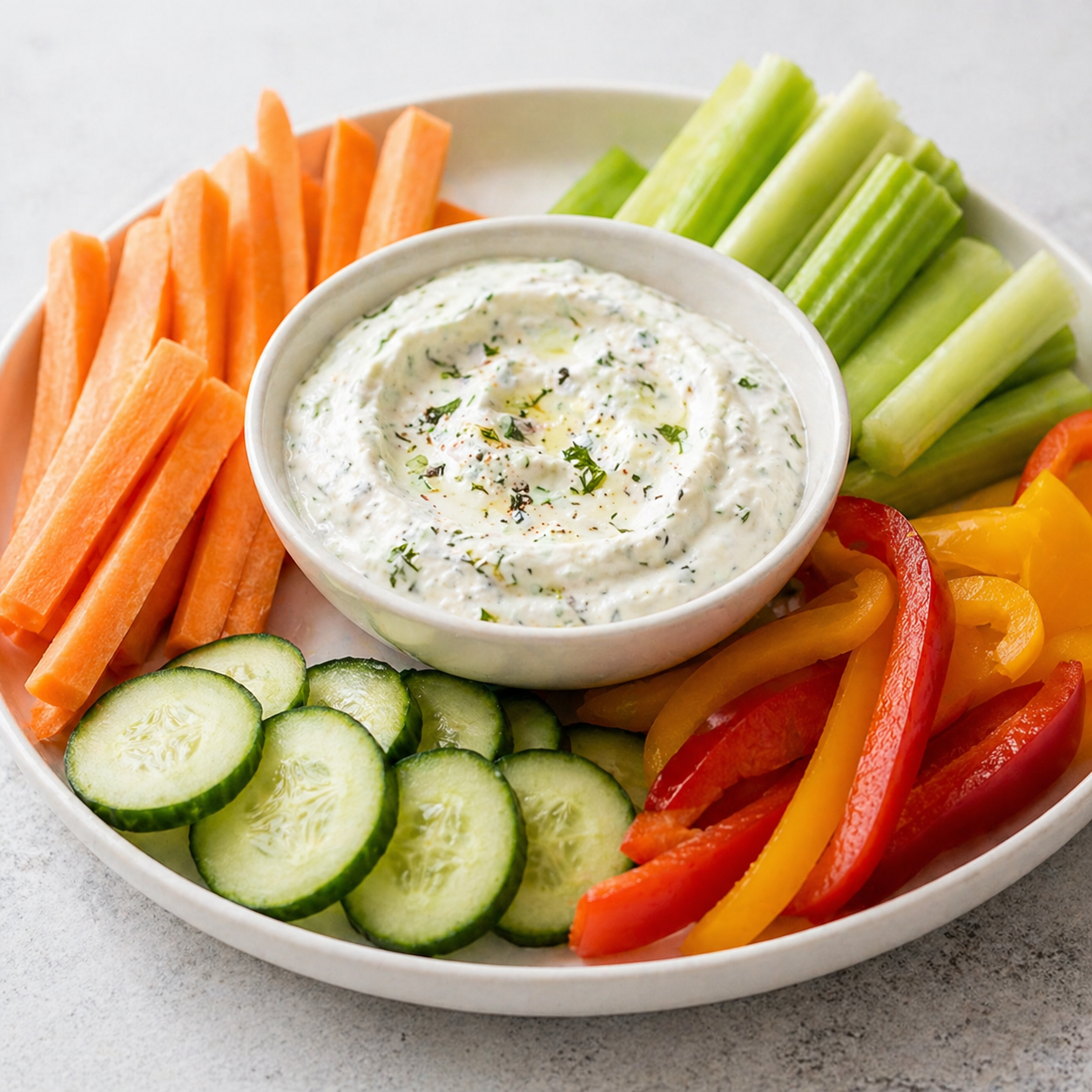 Greek yogurt herb dip served with carrots, celery, cucumber, and bell pepper