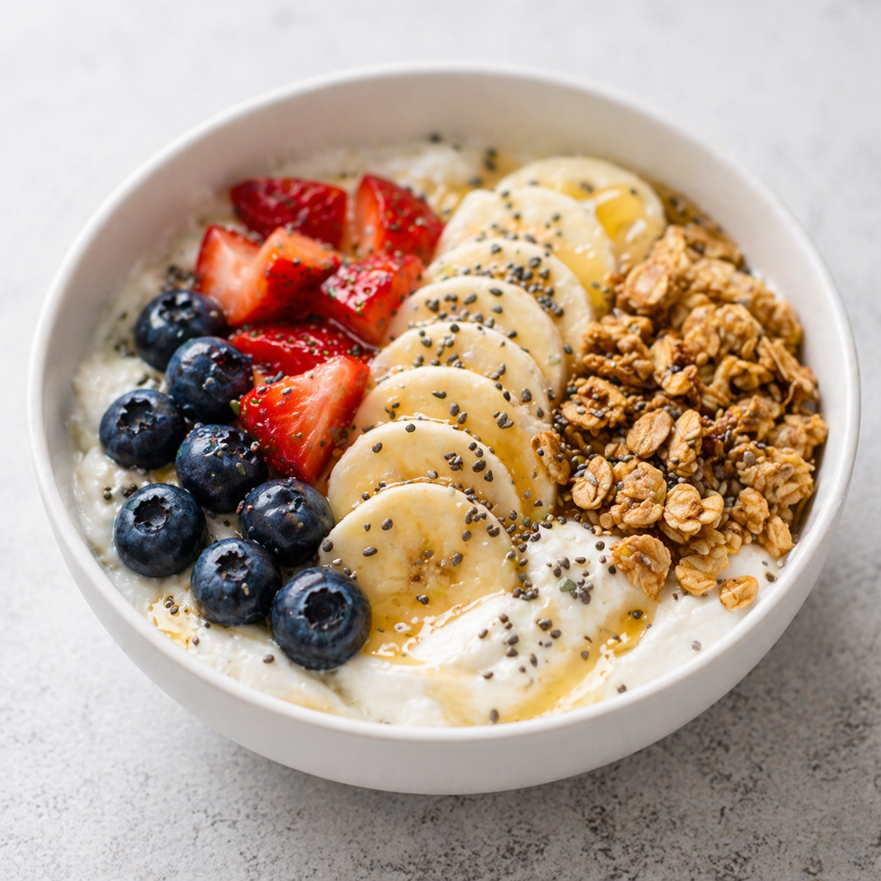 Greek yogurt protein bowl with berries, granola, honey, and chia seeds