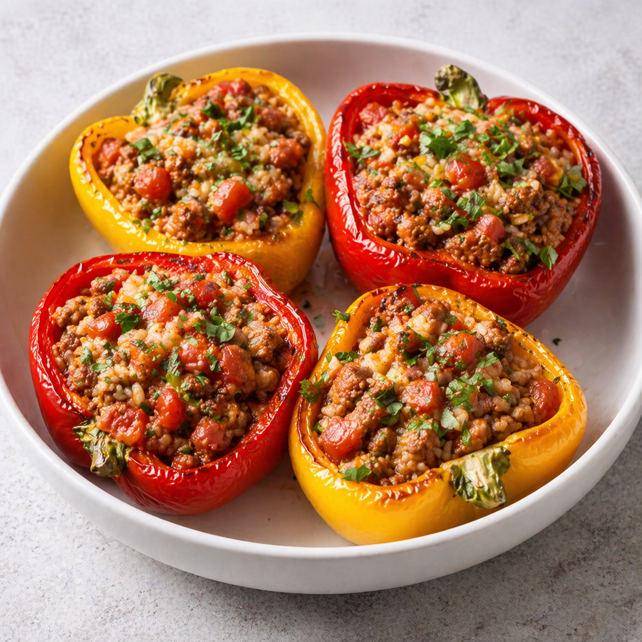 Ground turkey stuffed bell peppers with rice and tomatoes