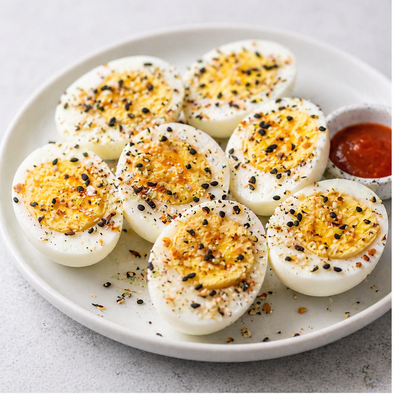 Hard-boiled eggs seasoned with everything bagel seasoning and served with hot sauce