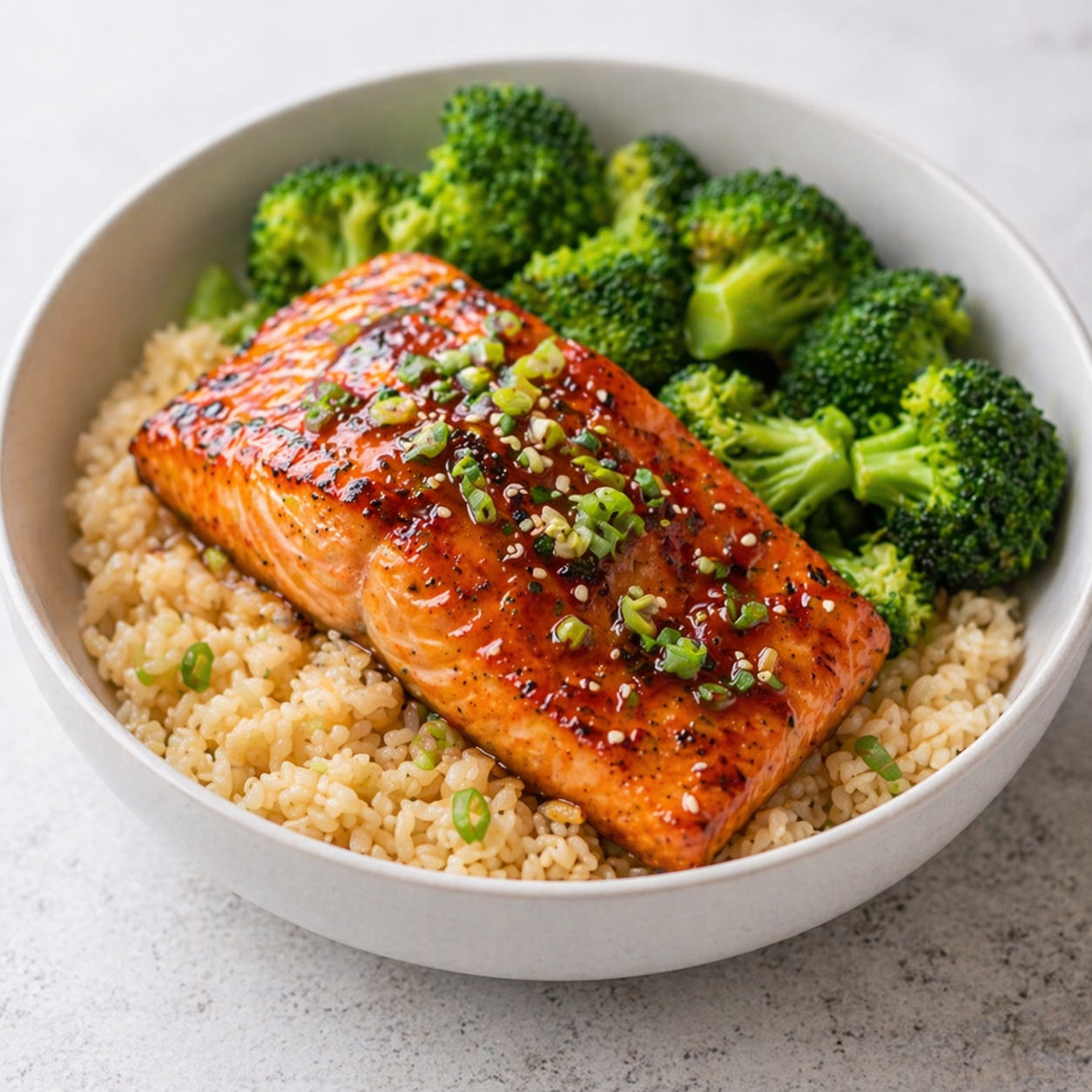 Honey garlic salmon bowl with brown rice and broccoli