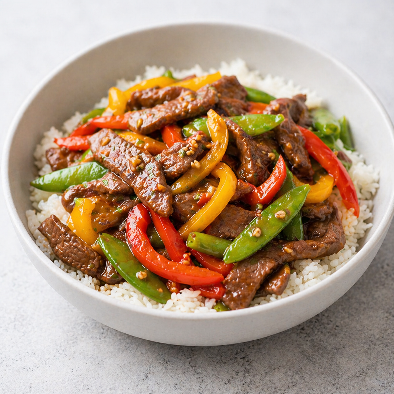 Lean beef and vegetable stir-fry over rice