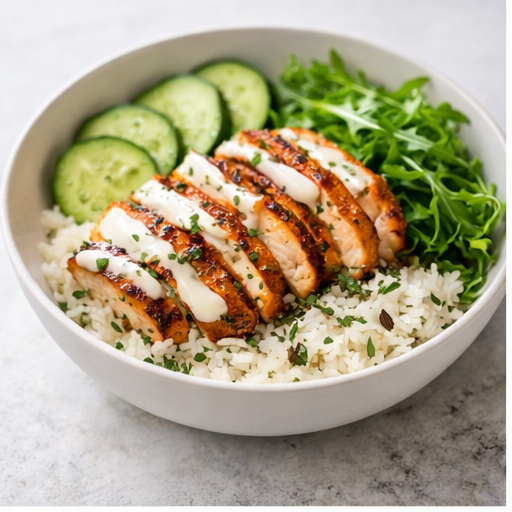 Lemon herb chicken bowl with rice, cucumber, and arugula