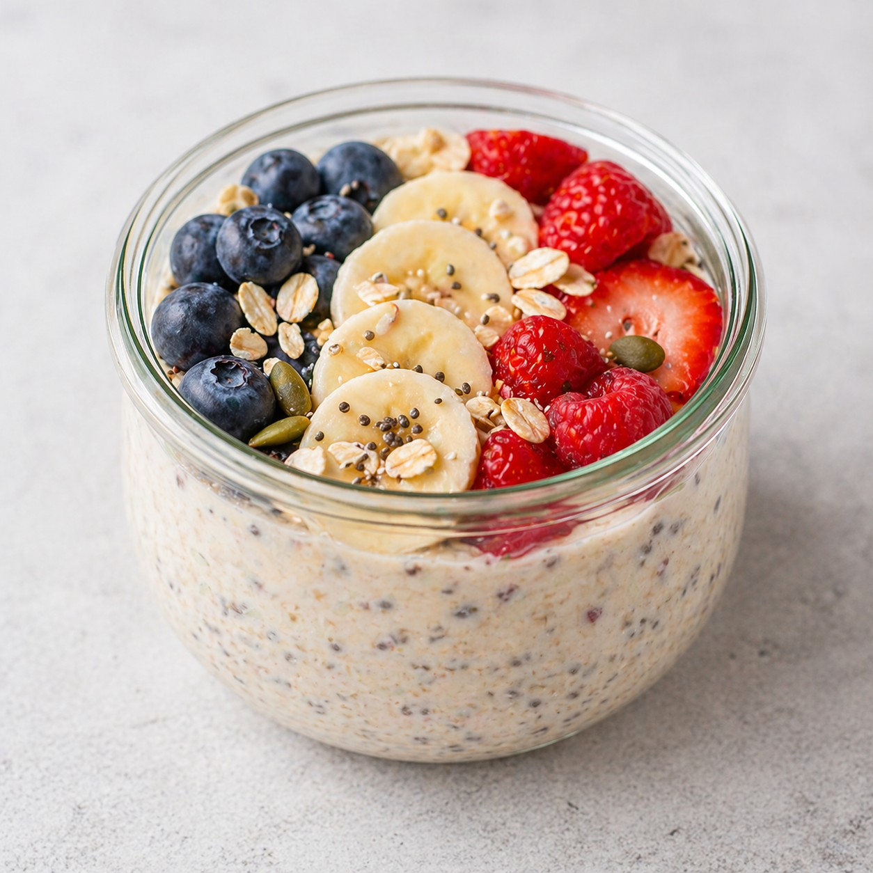 Overnight oats with protein, banana, and berries