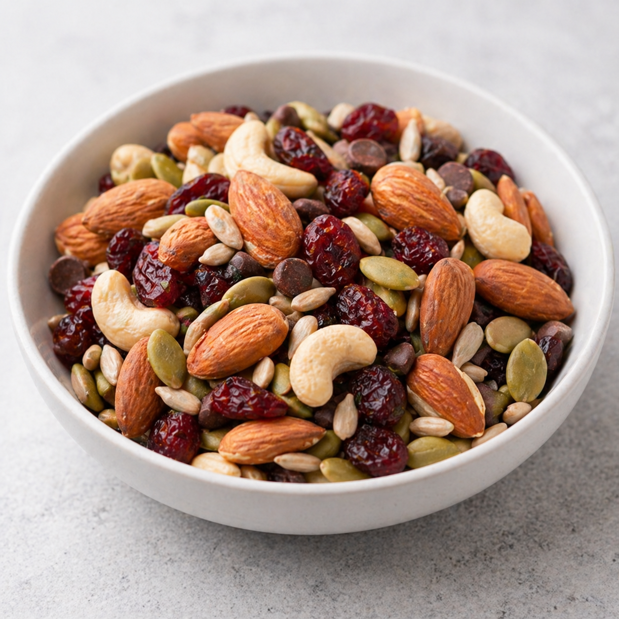 Protein-packed trail mix with almonds, cashews, seeds, dried cranberries, and dark chocolate chips
