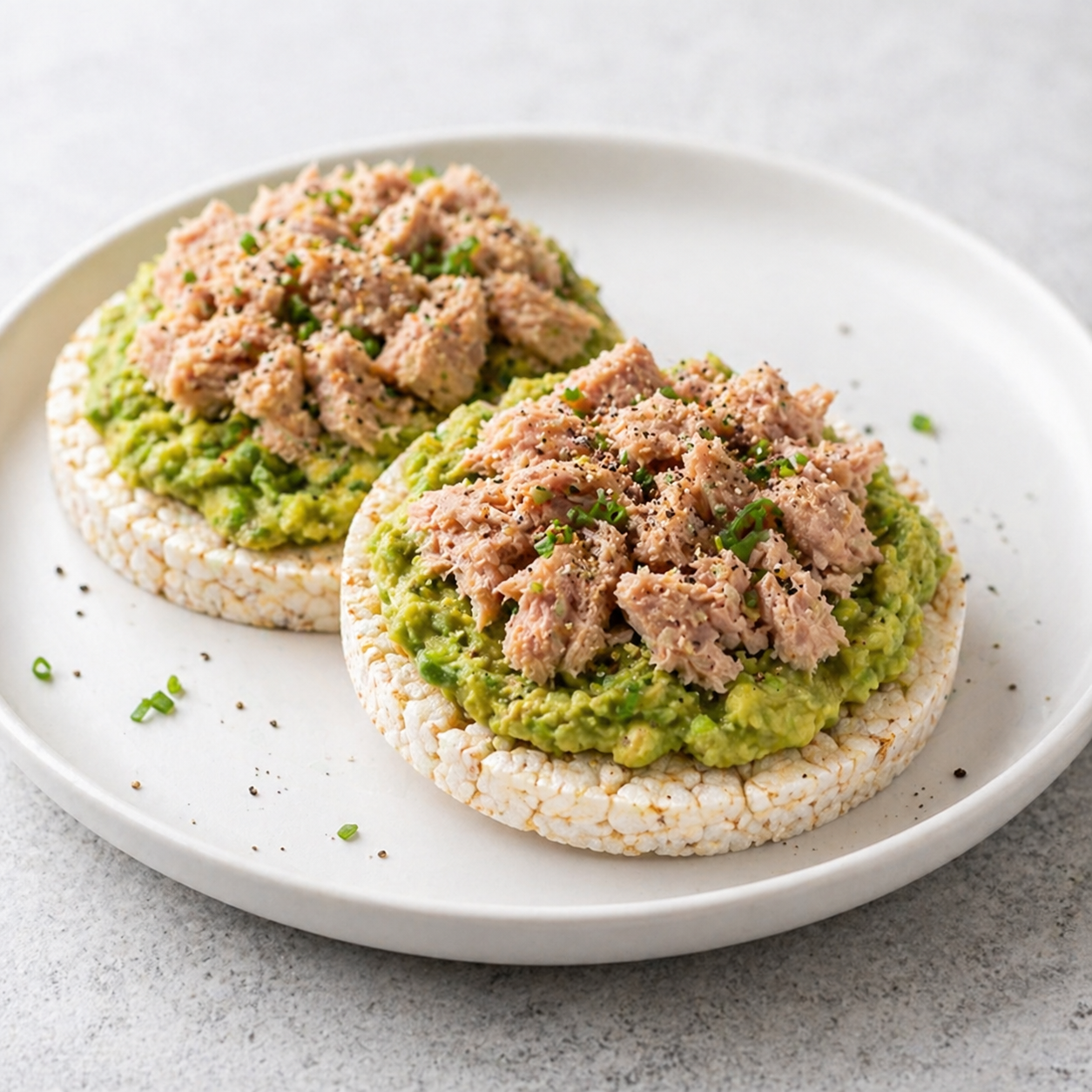 Rice cakes topped with mashed avocado and seasoned tuna