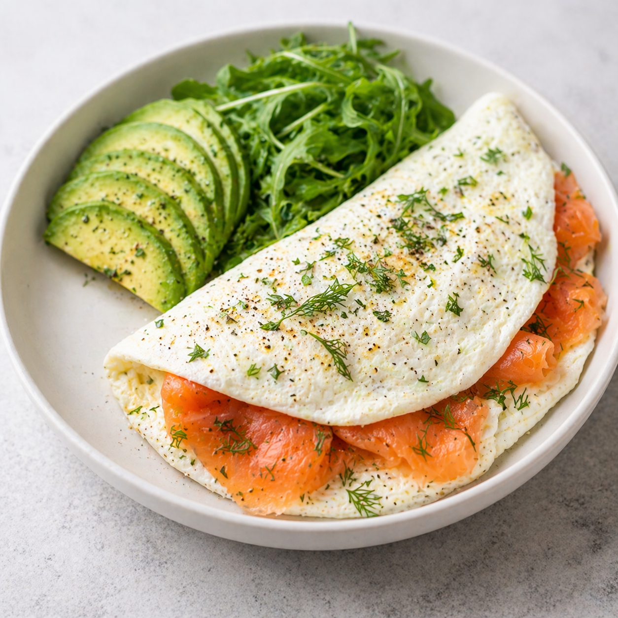 Smoked salmon and egg white omelet with herbs and avocado