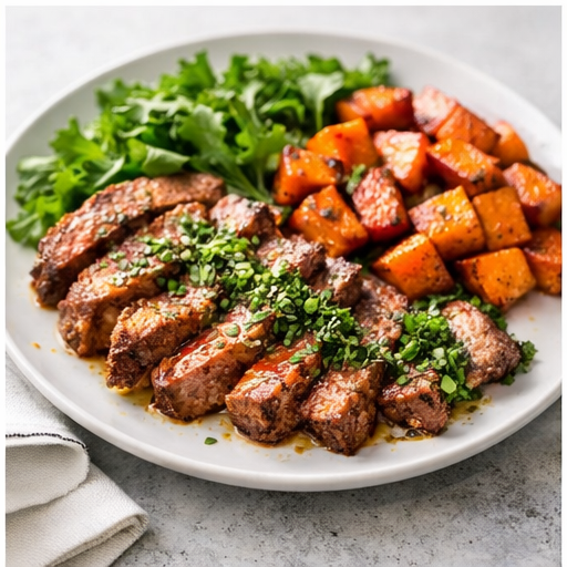 Steak and sweet potato bowl with greens and chimichurri