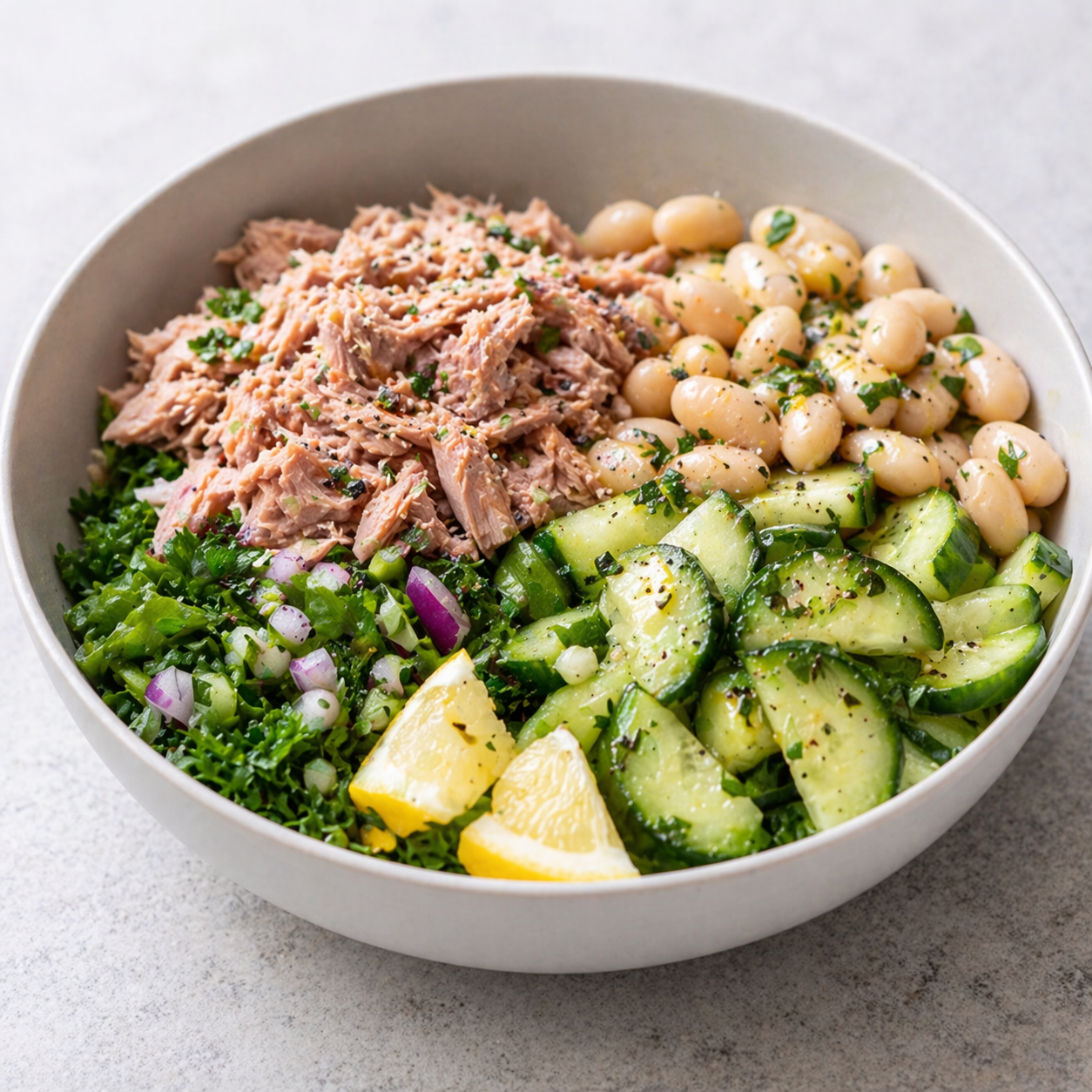 Tuna and white bean power bowl with cucumber and greens