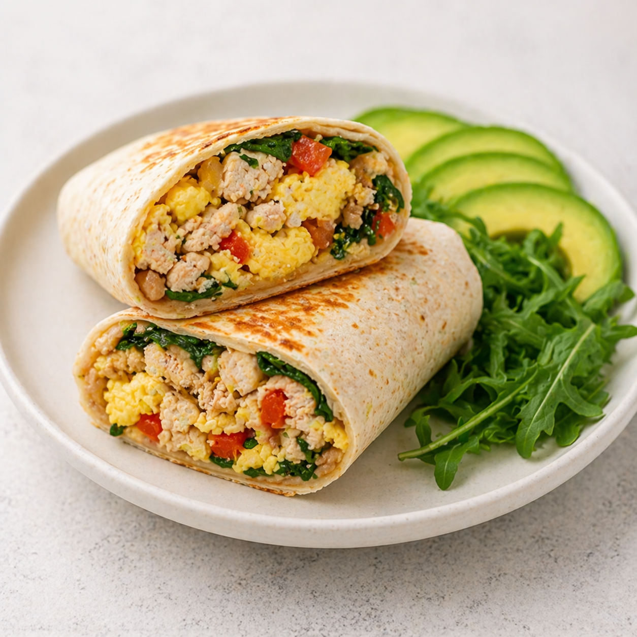 Turkey and egg breakfast burrito in a whole-wheat tortilla