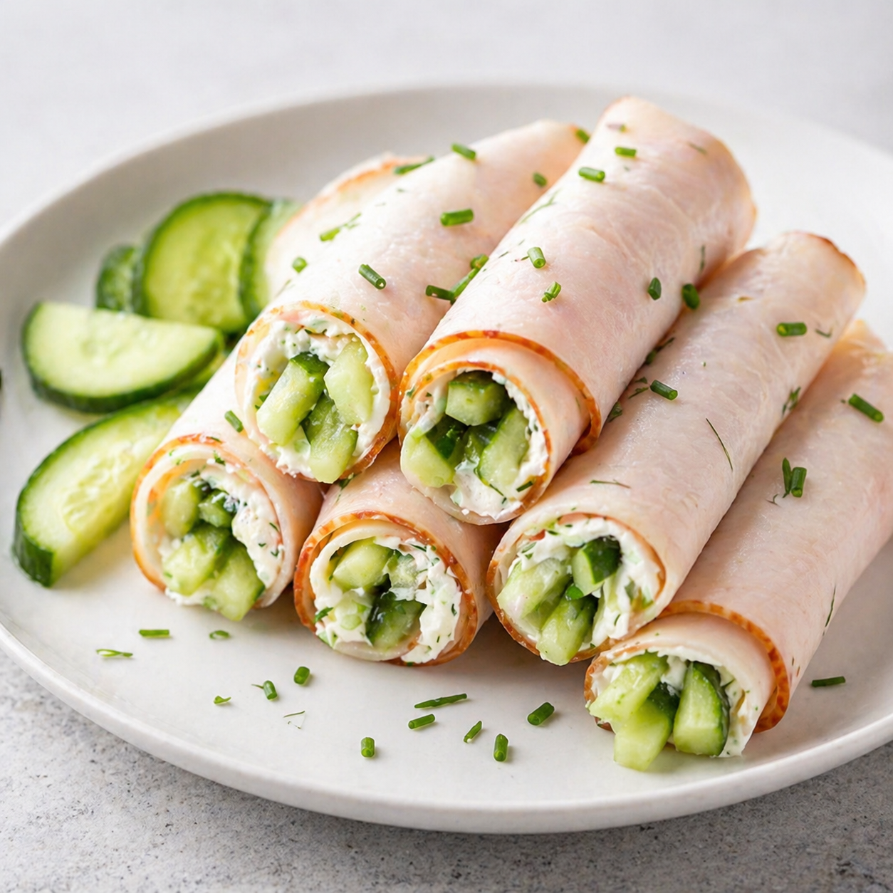 Turkey roll-ups filled with cream cheese and cucumber