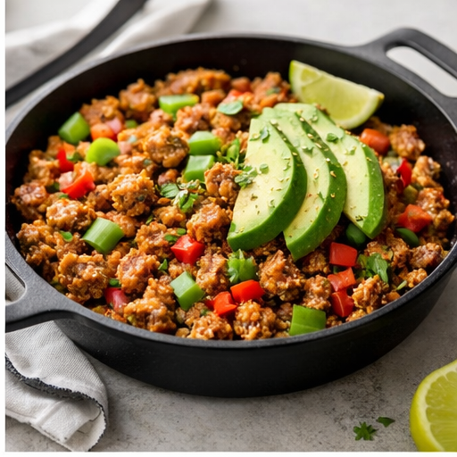 Turkey taco rice skillet with peppers, avocado, and lime