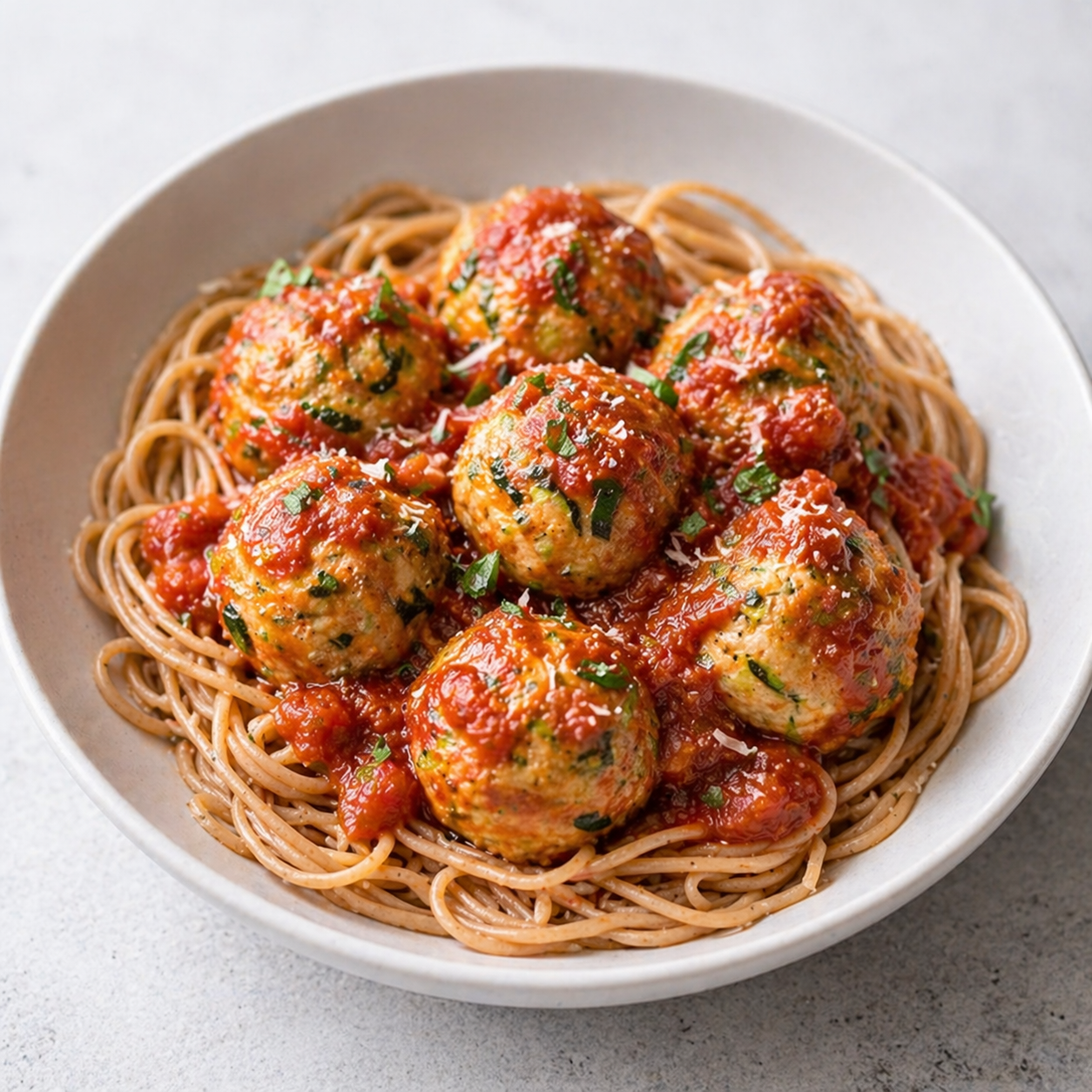 Zucchini turkey meatballs with marinara over pasta